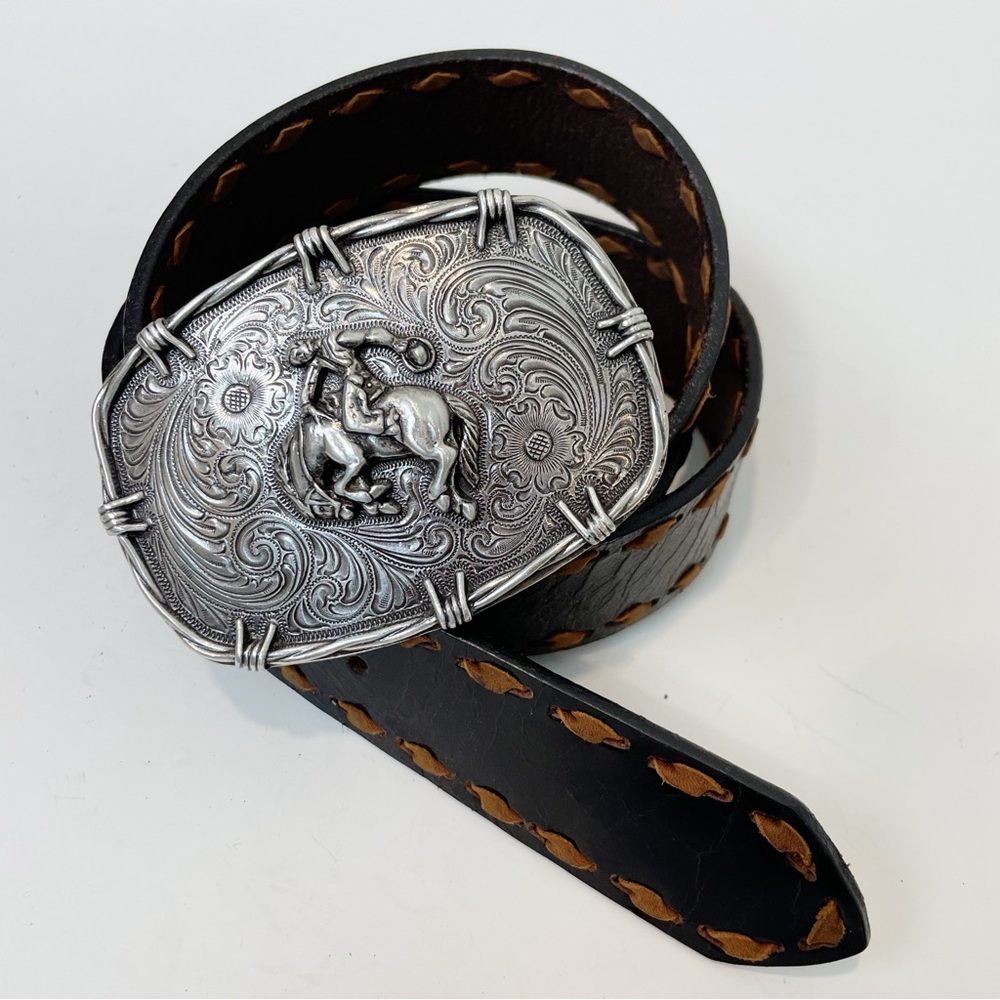Leather Whipstitched Crackled Brown Belt Silver Western Buckle Bronc Rider M